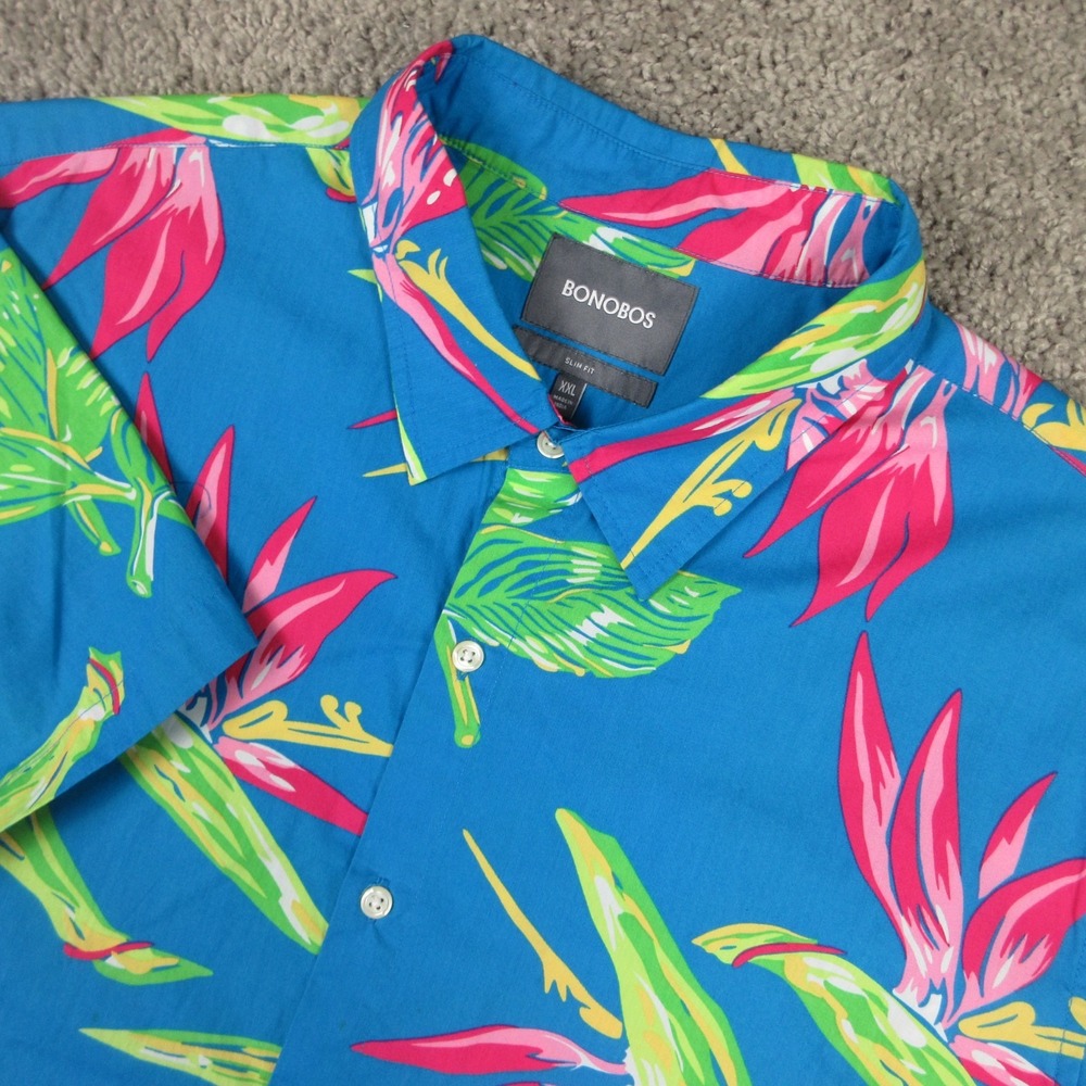 Bonobos Shirt Mens 2XL Blue Floral Slim Fit Short Sleeve Hawaiian Button Up